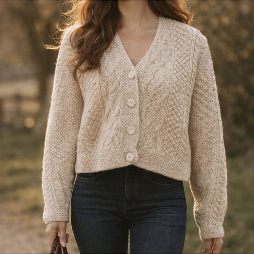 Anthropologie Cream Cable Knit Button-Front Cardigan